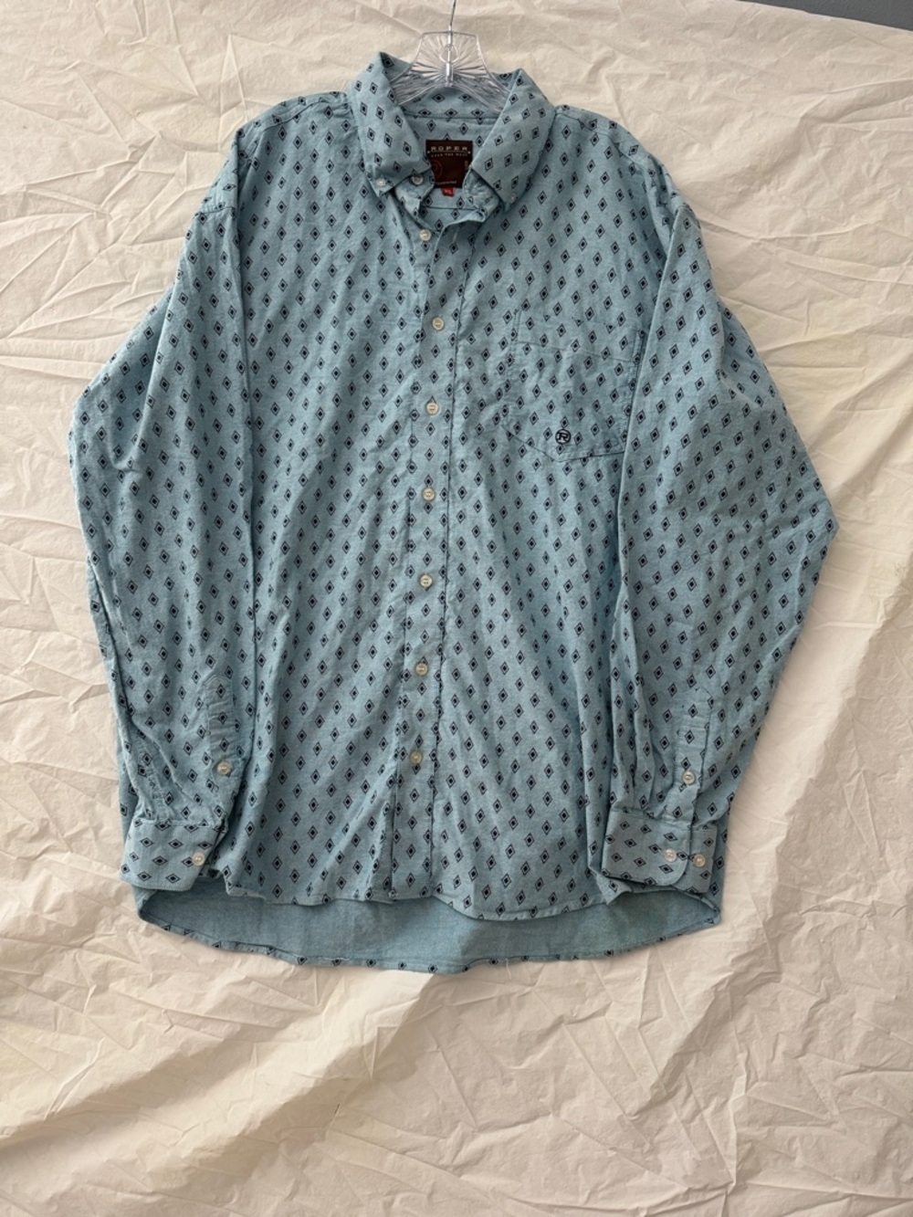 Roper Western Cowboy Light Blue Button-Down Shirt with Navy Print